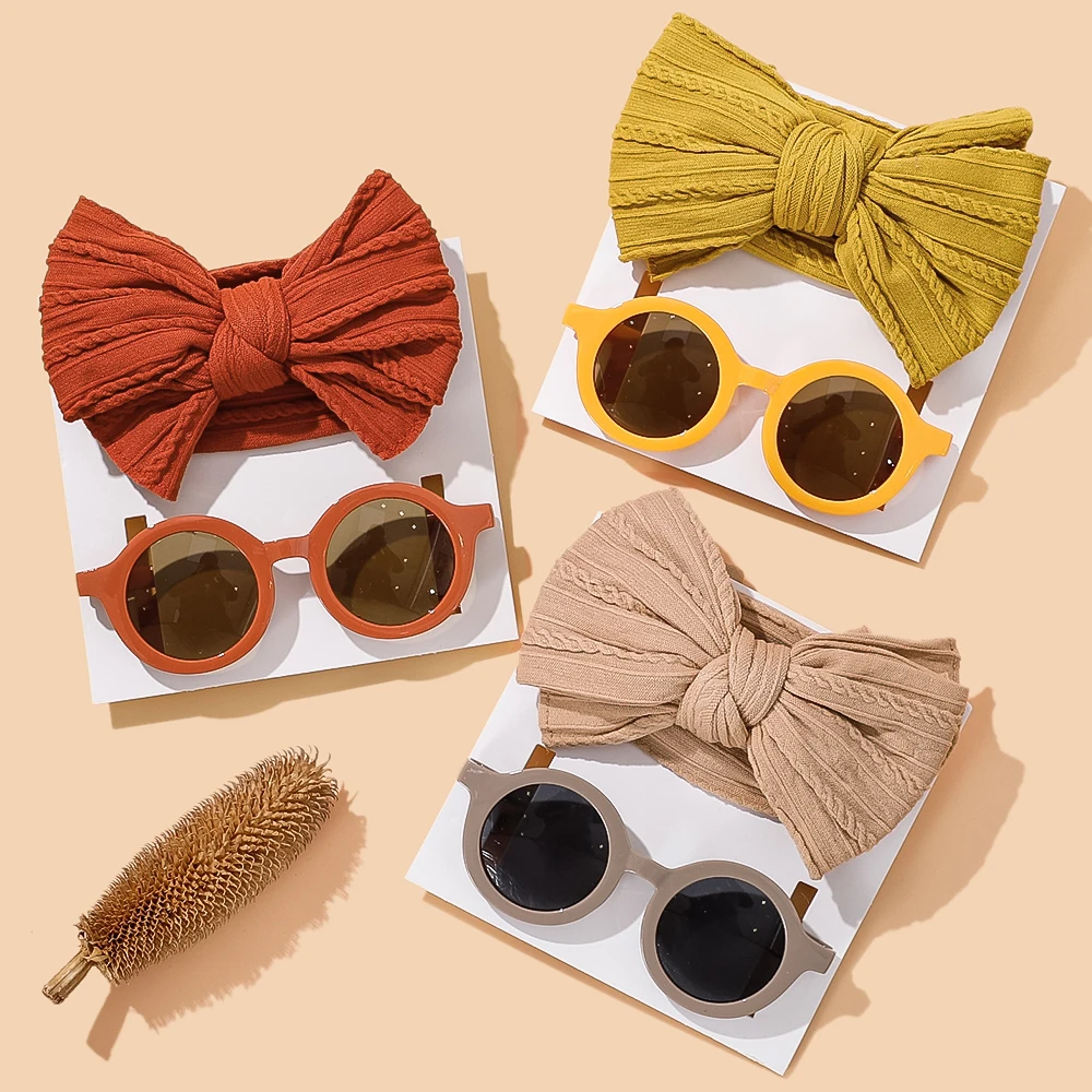 2Pcs/Set Puff Bow Baby Headband Sunglasses Matte Flower Circular Sun Glasses Eye Wear Elastic Nylon Hair Bands Seaside Headdress