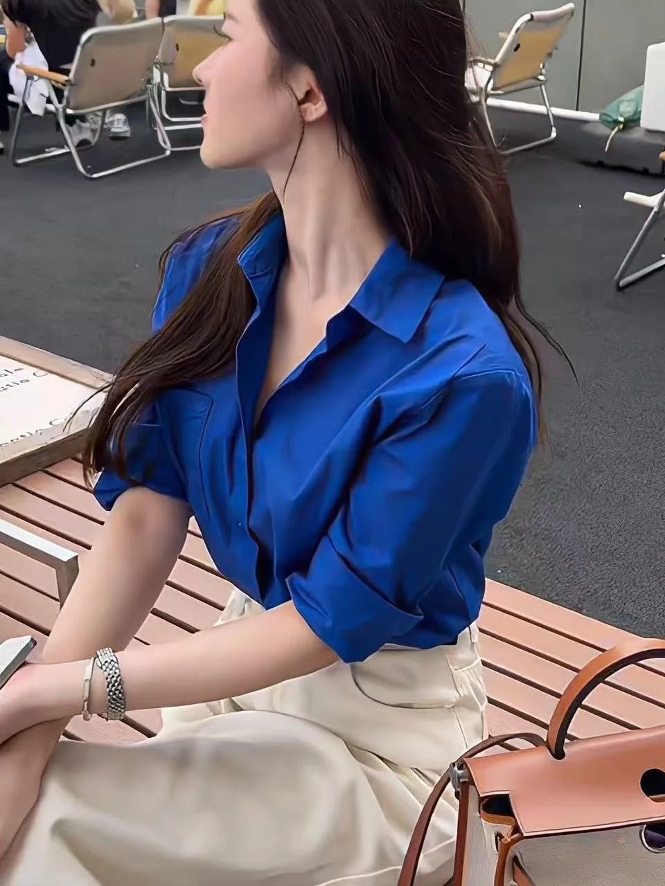 Klein Blue Women's Casual Long Sve irt Spring Autumn New Sle Layering Loose Outerwear Korean Sle Commute Faion