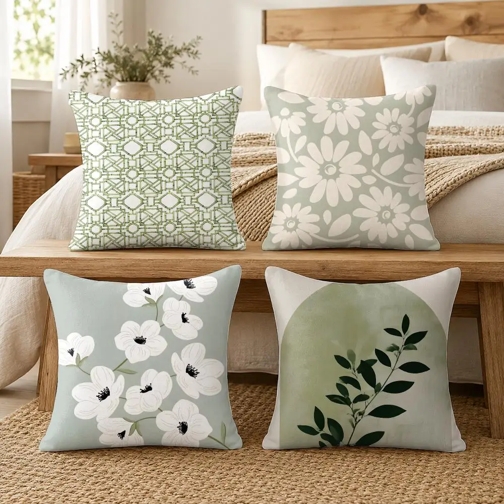 Abstract Green Flowers Cushion Cover Silky Short Plush Invisible Zipper Dustproof Sofa Pillow Case For Home Decor