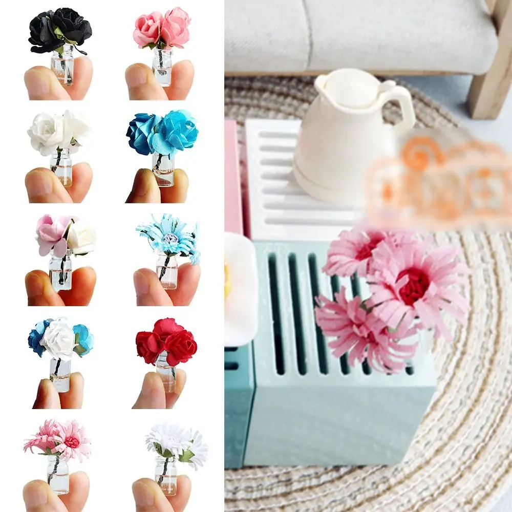 لعبة 1/6 1/8 1/12 دمية زهرة زهرية متعدد الألوان روز ديزي مصغرة باقة الورد الجنية حديقة اللعب منزل مزهرية صغيرة زهرة #3