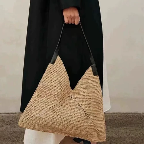 2025 nueva moda versátil bolso de paja Tote triángulo diseño Casual bolso de hombro marea tejido de paja bolsos de hombro de playa