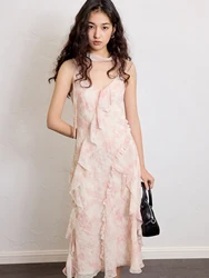 ZIQIAO【2 Veision】Women Chiffon Strappy Long Dress 2025 Spring New Fly Sleeve Polyester Floral Dresses 25ZQ91104+25ZQ91154