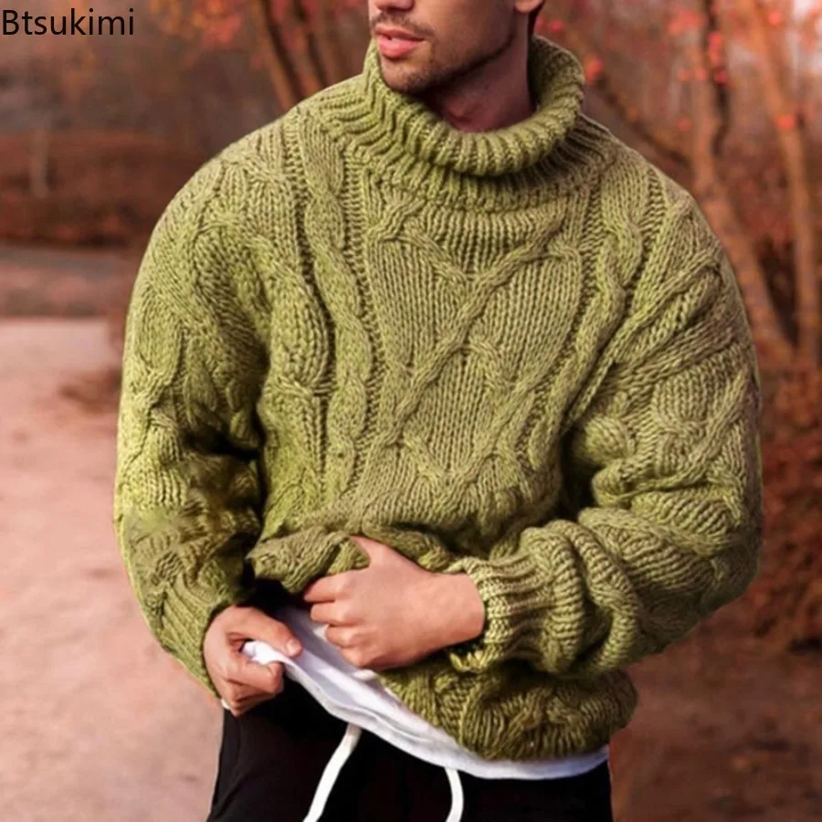 Men's Turtleneck Knitted Pullovers Sweater Autumn and Winter Braided Sweater Casual Solid Slim Fit Jumper Knitwear Pull Homme