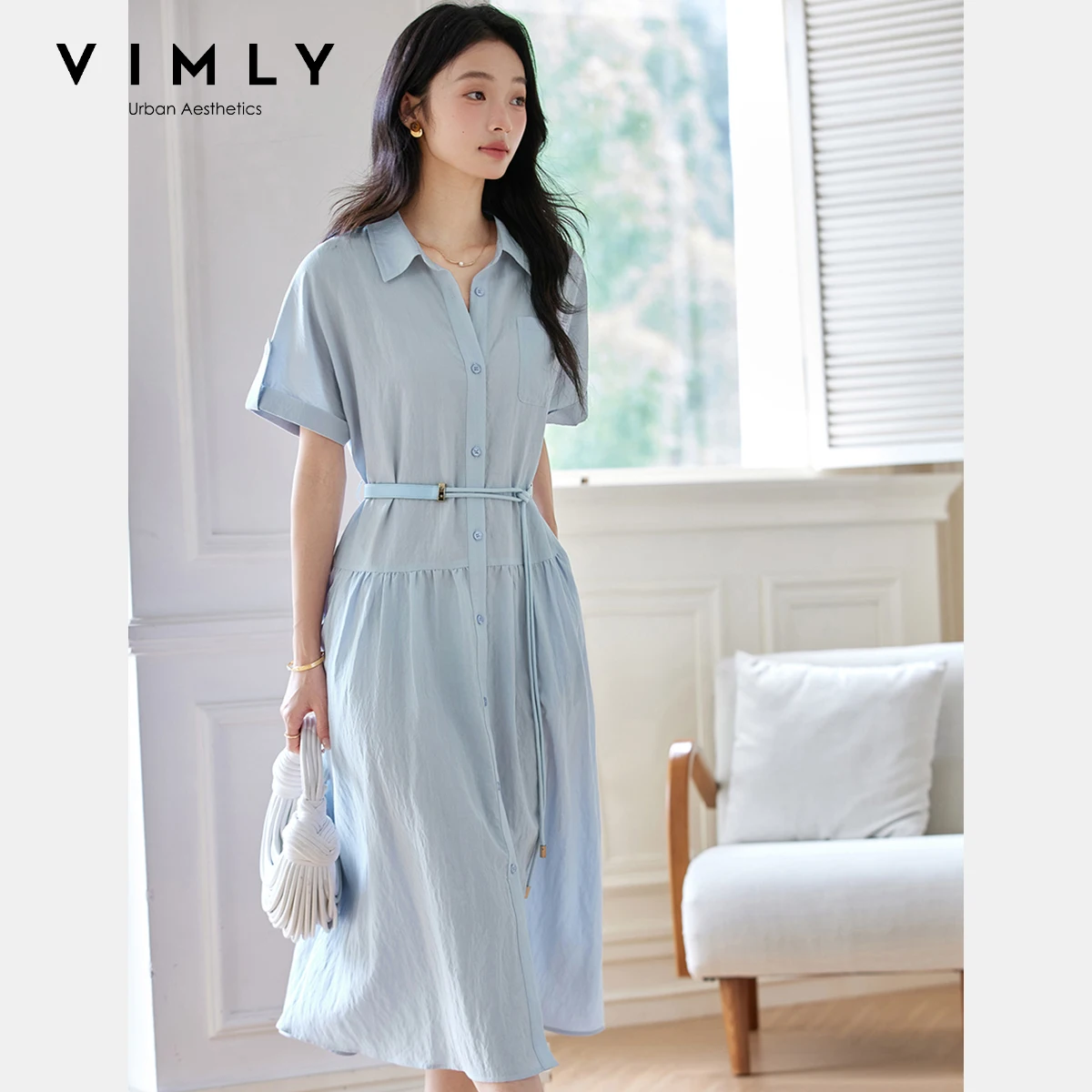 

VIMLY Blue Shirt Dress Women's 2025 Summer Ladies Midi French A-line Front Pockets Polo Belt Dresses Woman Robes Midi A2515