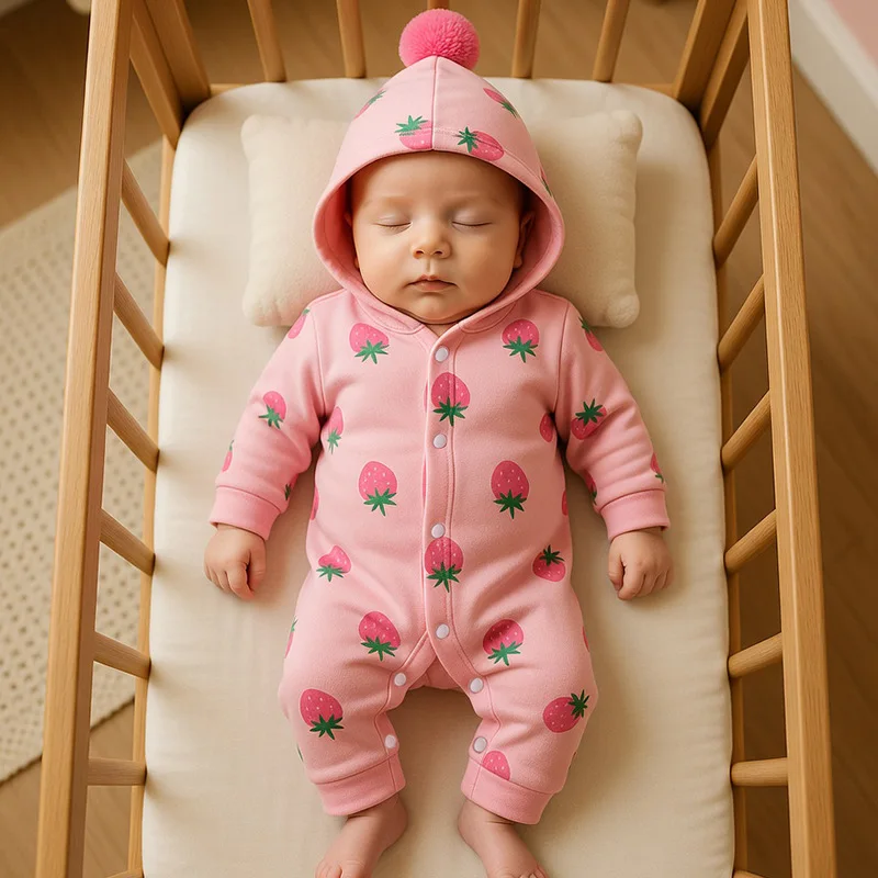 New Spring Clothes for Newborn Babies, New Baby Jumpsuit Full Moon Long Sleeved Spring and Autumn Strawberry Climbing Clothes