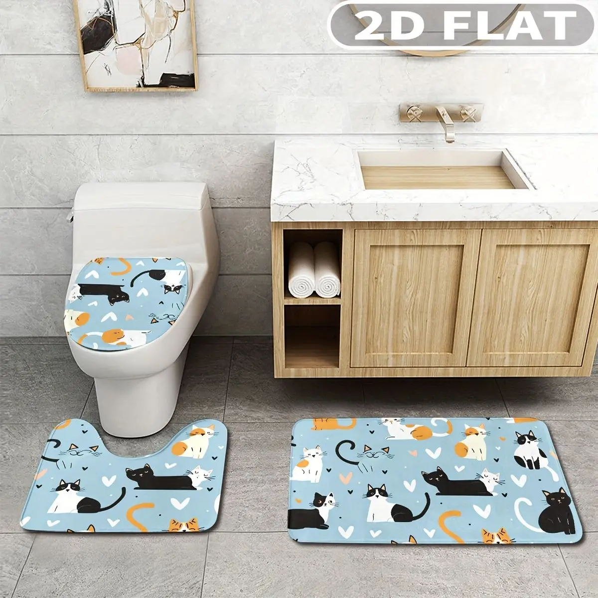 

3pcs Bathroom Rug Set Cats And Hearts On Blue Background 3pcs Bath Mats Set for Bathroom Non-Slip Cover Mat