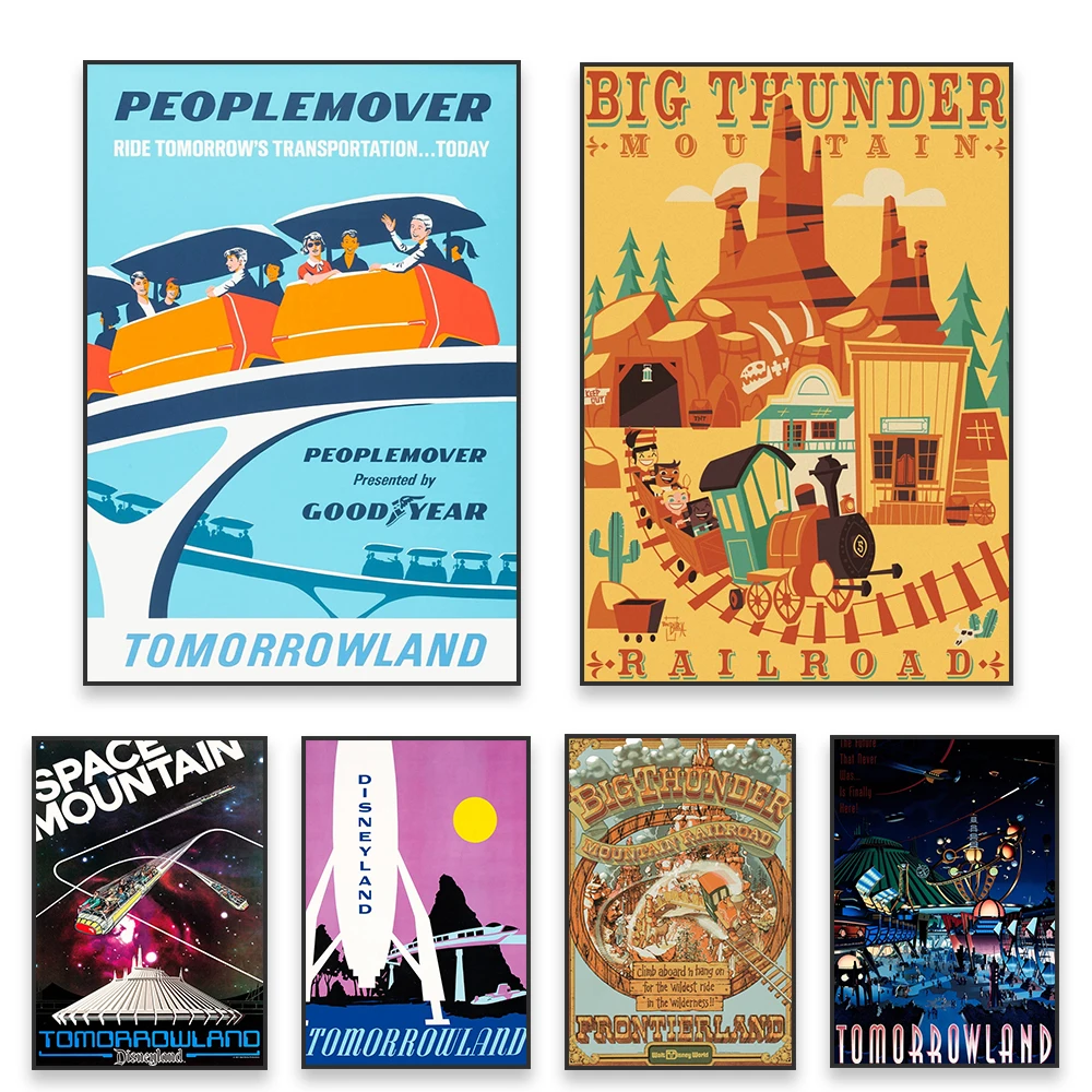 Disneyland Peoplemover Attraction Poster Watercolor Art Vintage Prints Disneyland Big Thunder Mountain Railroad Canvas Painting