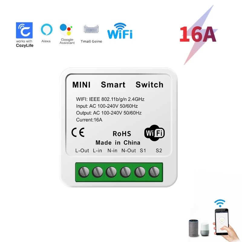 16A WiFi Mini Smart Switch CozyLife App Remote Control Timer 2 Way DIY Module Voice Compatible with Alexa