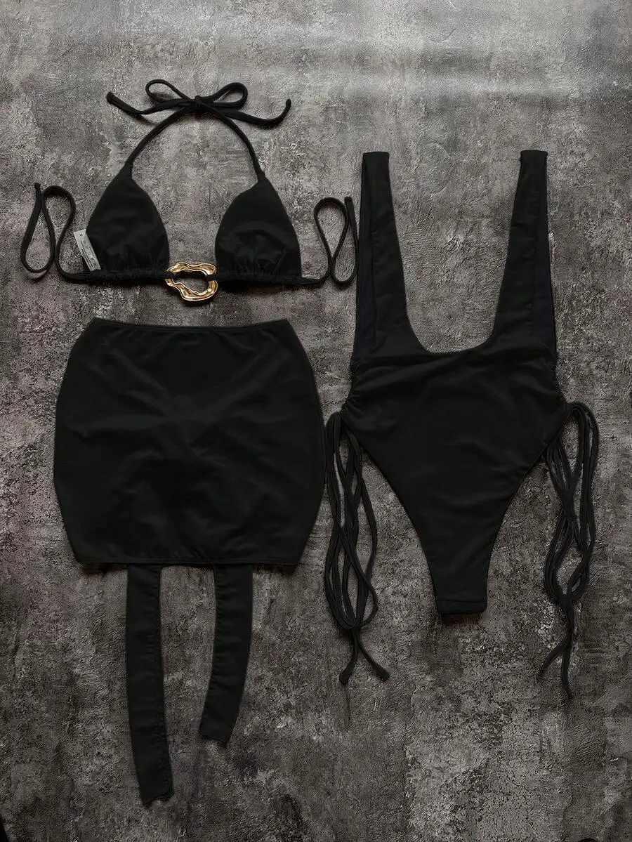 Women Two Piece Swimsuit Set With Cut-Out One-Piece And Ruched Tie Skirt