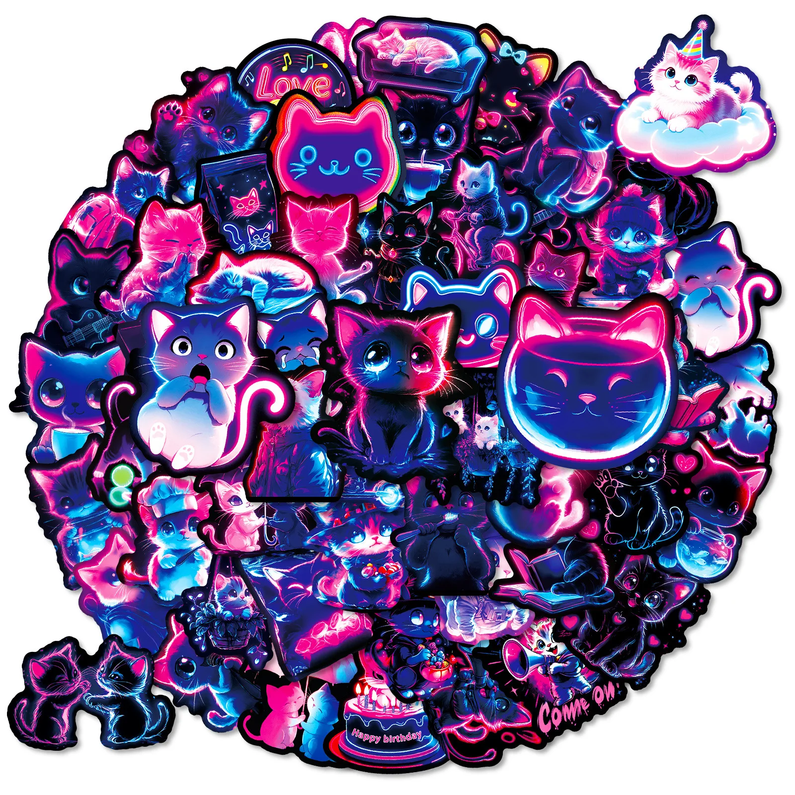 56PCS Neon Light Animal Cat Cartoon Stickers Aesthetic Decal DIY Skateboard Phone Cup Suitcase Cute Decoration Sticker for Kid