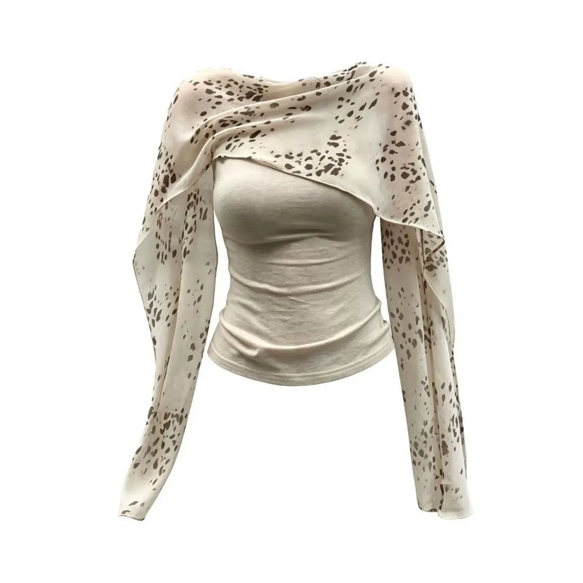 Y2K Going‑Out Sheer Patchwork Club Party Streetwear Tops Leopard Print Chiffon Cape Long Sleeve Top Draped Off Shoulder Fitted