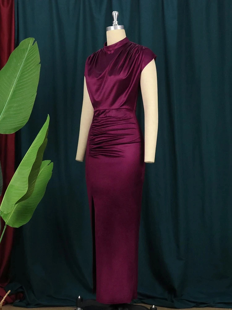 Vestido plisado largo rojo vino para mujer, traje elegante con cuello alto, ajustado, sin mangas, brillante, para fiesta, primavera 2023