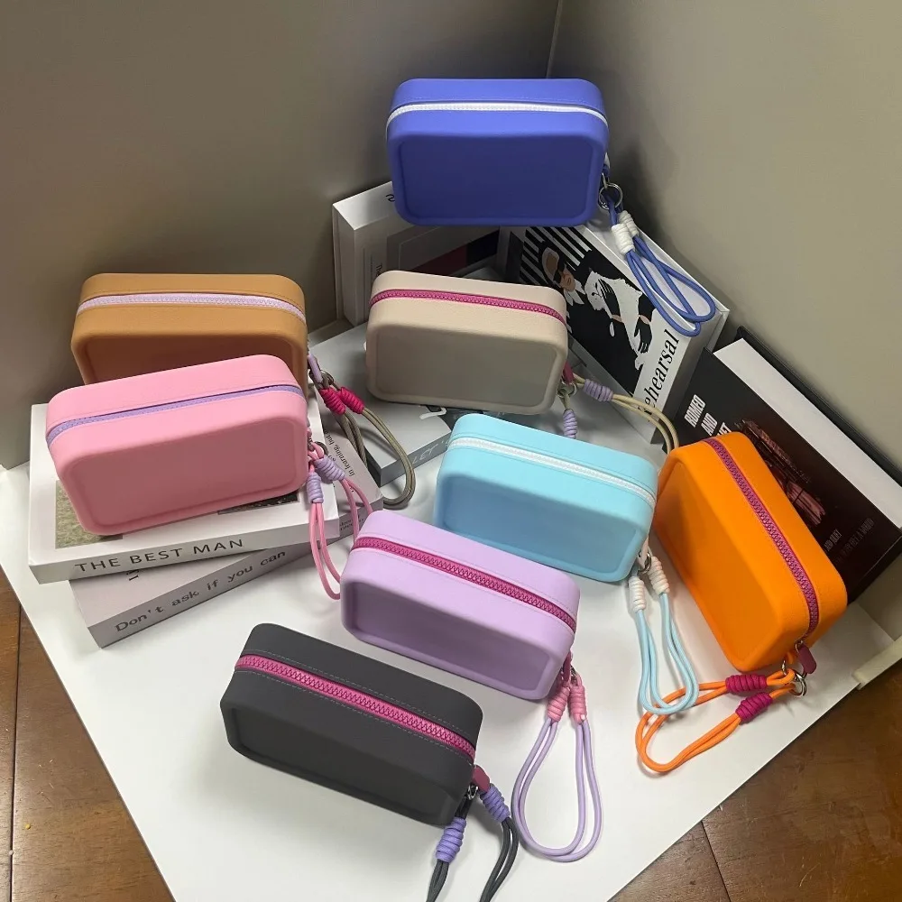 New Solid Color Square Wallet Silicone Zipper Storage Bag With Wrist Strap Cosmetic Bag Small Item