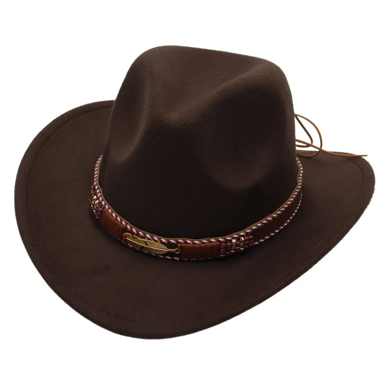 

Western Cowboy Hat Parent-child Feather Top Hat Warped Tibetan Hat Artistic Sun Protection Sun Hat Foreign Trade