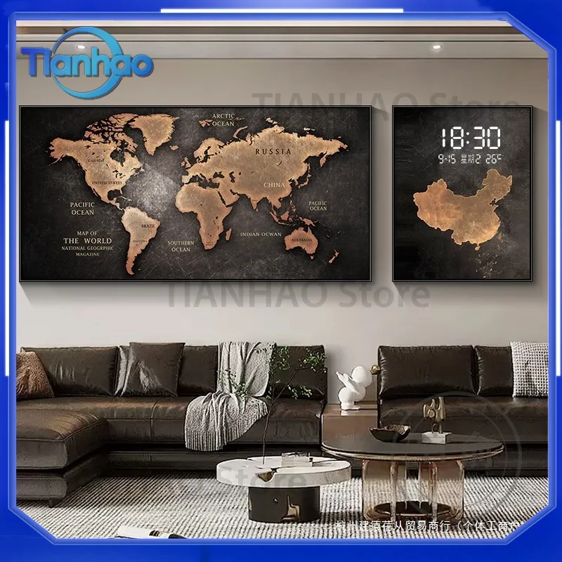 Vintage Art World Map Wall Decor for Living Room Sofa Dining Area Background Wall Clock Painting