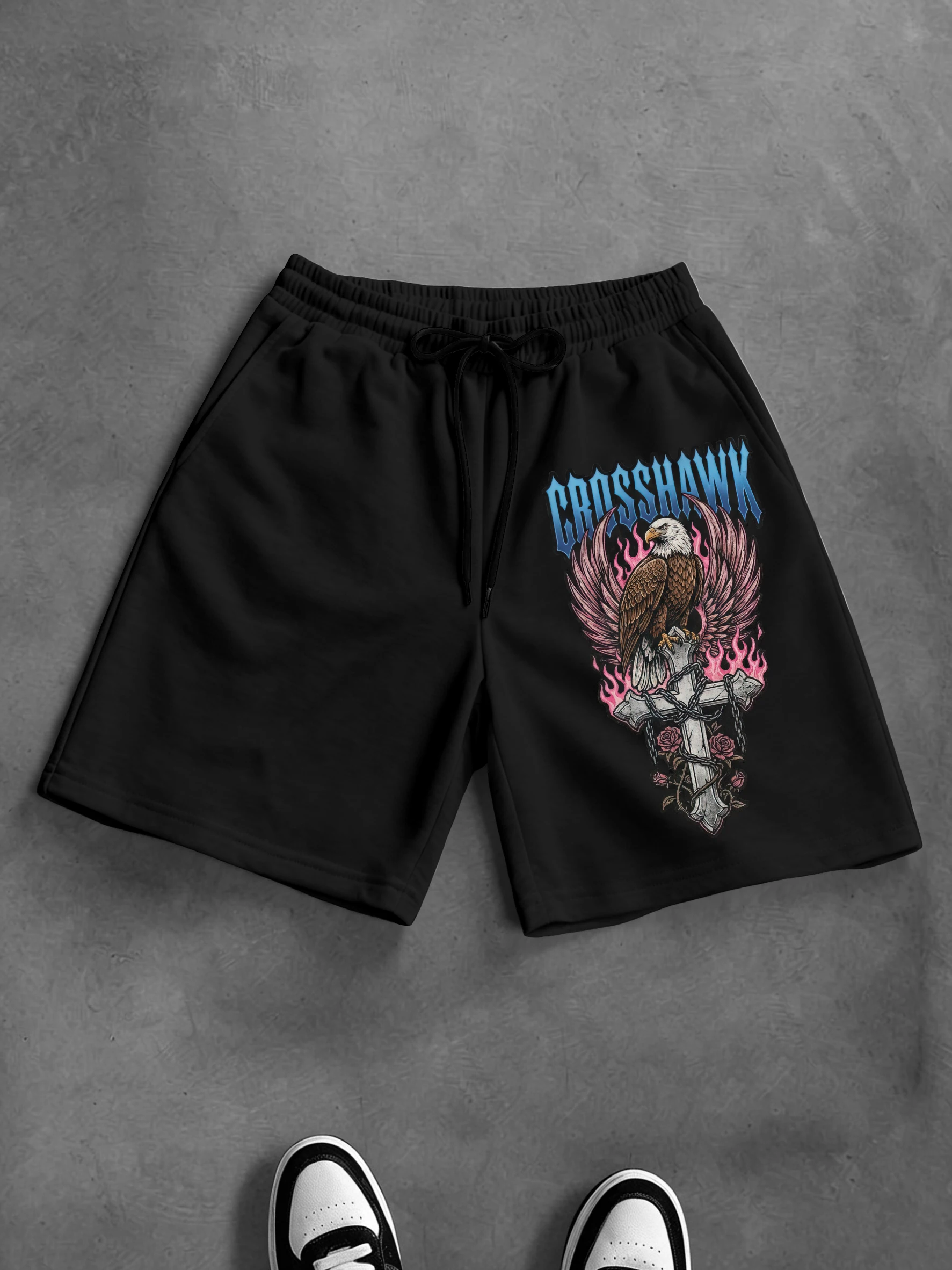 

Men's Oversized Gothic Streetwear Shorts Brand Crosshawk Eagle Cross Rose Print Polyester Khaki Multi Color Casual Shorts S-2XL