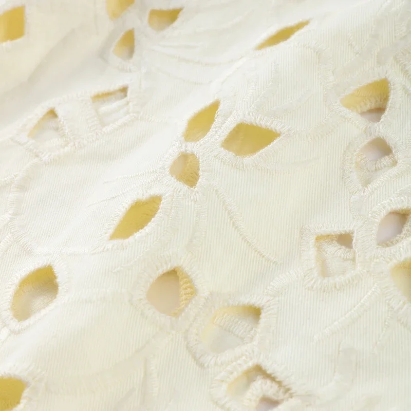 Hollow Out Jeans For Women Sexy White Flower Holes Zipper Pocket Straight Wige Leg Pants Female 2025 Autumn Chic Lady Trousers