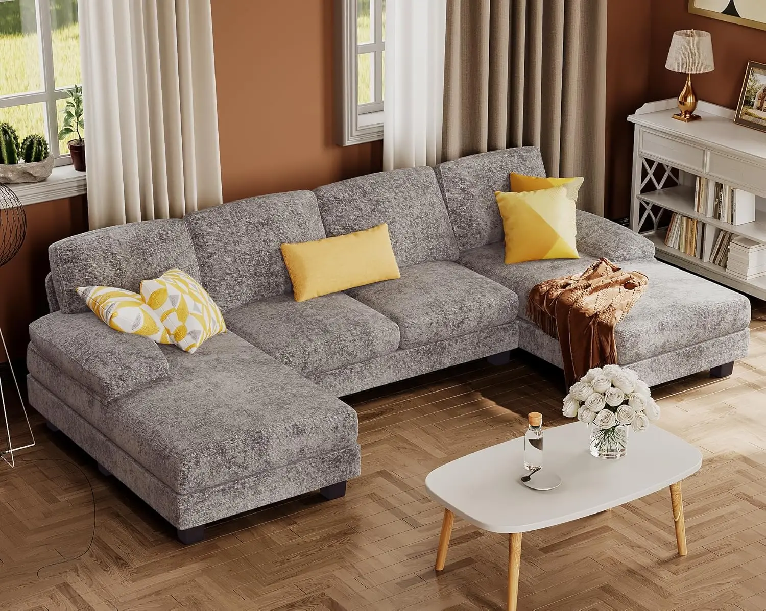 

Segmented sofa for living room, linen U-shaped sofa, 4-seater double sofa set for apartment