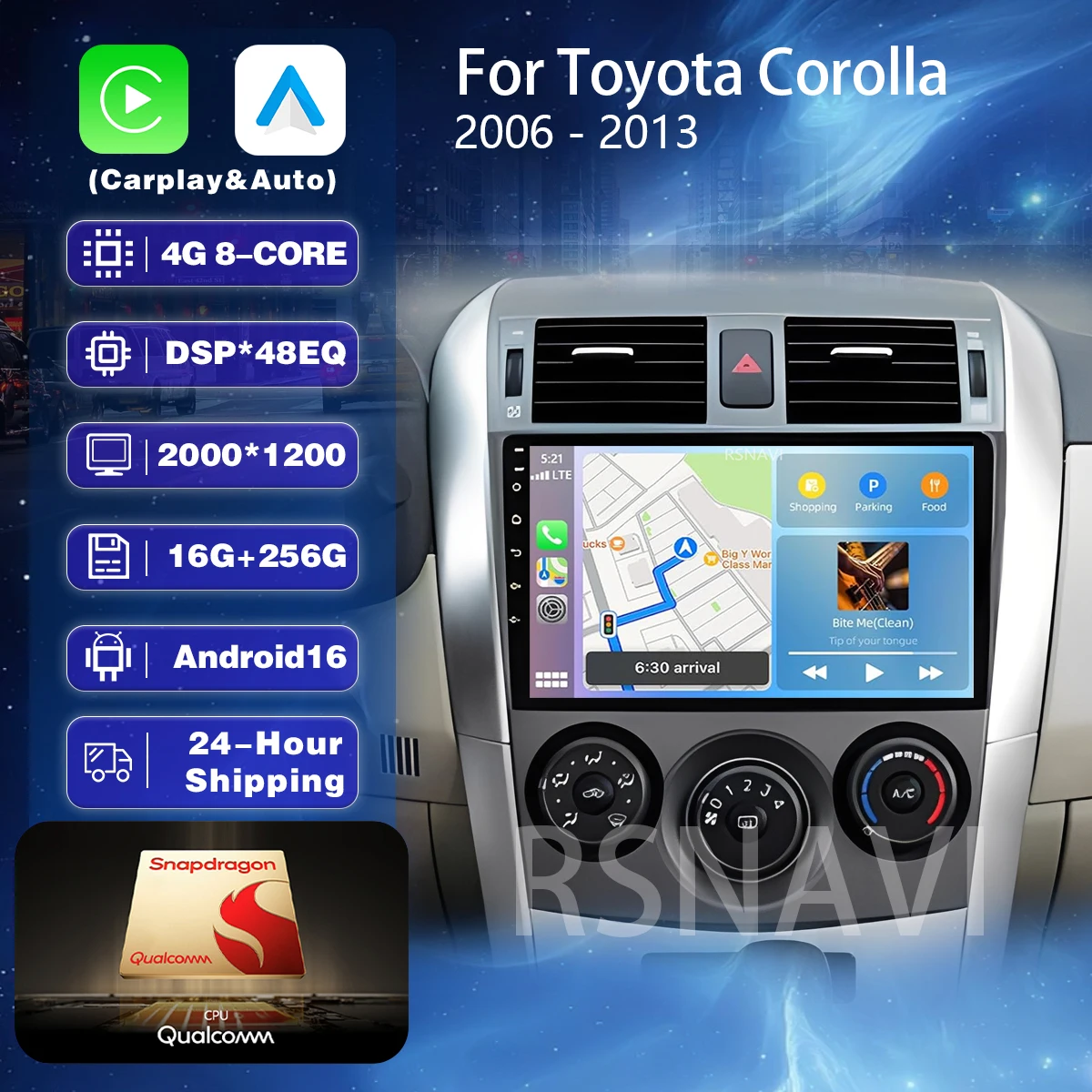 Android 16 Plug and Play steering wheel control Car Radio Navigation 2K Screen Head Unit GPS For Toyota Corolla 2006 2007 - 2013