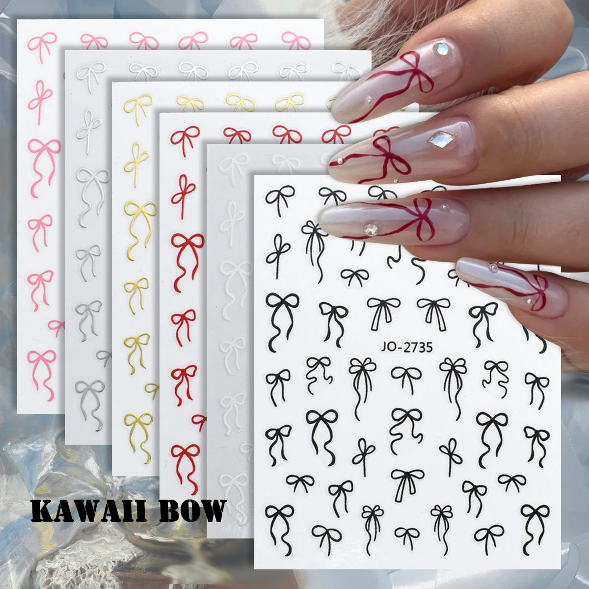 

6/12/24/48 Sheets Black Red White Gold Silver Bow Nail Stickers, Kawaii Ribbon Line Art Nail Decals for DIY Nail Art Decoration