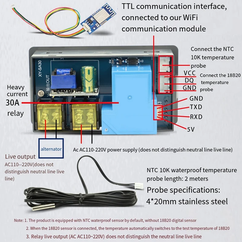 SA30W 30A WIFI Thermostat Temperature Controller Digital Display Thermostat High Low Temperature Alarm Easy To Use