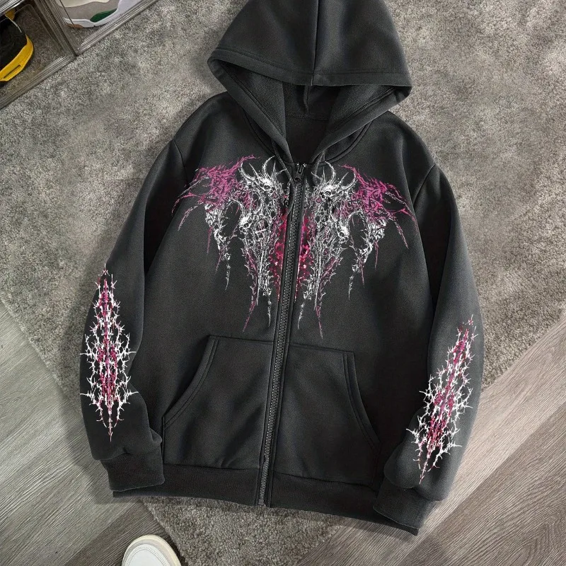 Men's Gothic Dark Print Zipper Hooded Casual Sports Sweatshirt Zipper Jacket Autumn and Winter New Casual Retro Street Style Top