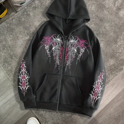 Imagen 2 del producto Sudadera deportiva informal con capucha y cremallera con estampado gótico oscuro para hombre, chaqueta con cremallera, Top informal de estilo callejero Retro para otoño e invierno