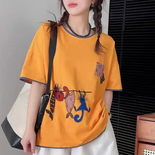 Dimanaf 2024 New Summer Women T-Shirt Basic Short Sleeve Cat Embroidered Printing Loose White Casual O-Neck Big Tops T-Shirt New