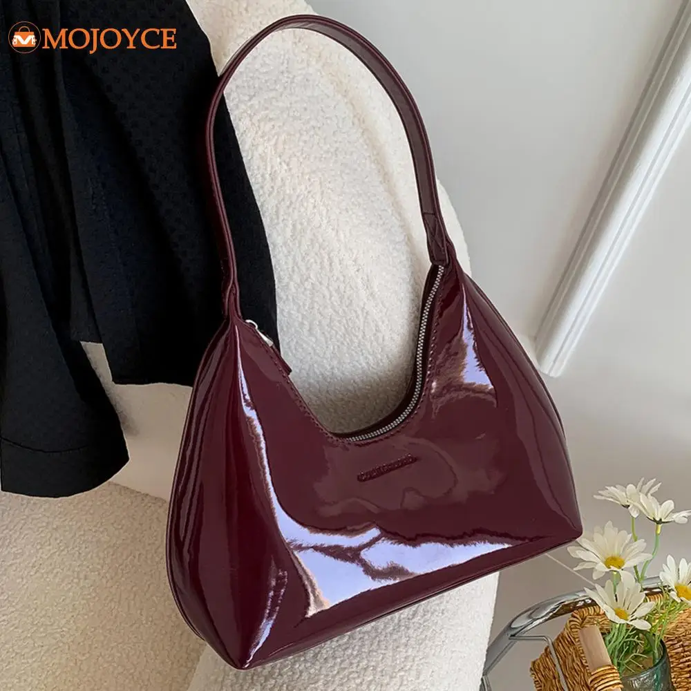 Women's Bag Patent Leather Tote Bag Fashion Shoulder Bag Versatile Crescent Bag French Brand Armpit Bag Retro Wine Red Hobo Bags