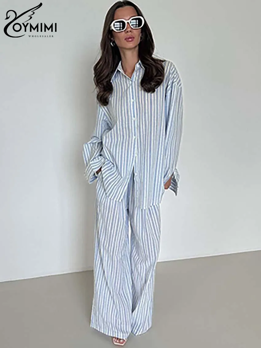 

Oymimi Causal Blue Striped Print Two Piece Set For Women Fashion Long Sleeve Single Breasted Shirts + High Waisted Trousers Sets