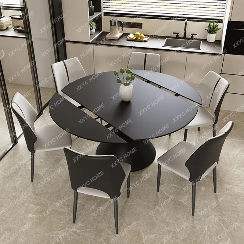 Hh2cc2 Black telescopic rock slab dining table rotating household small apartment square and round dual-purpose dining table