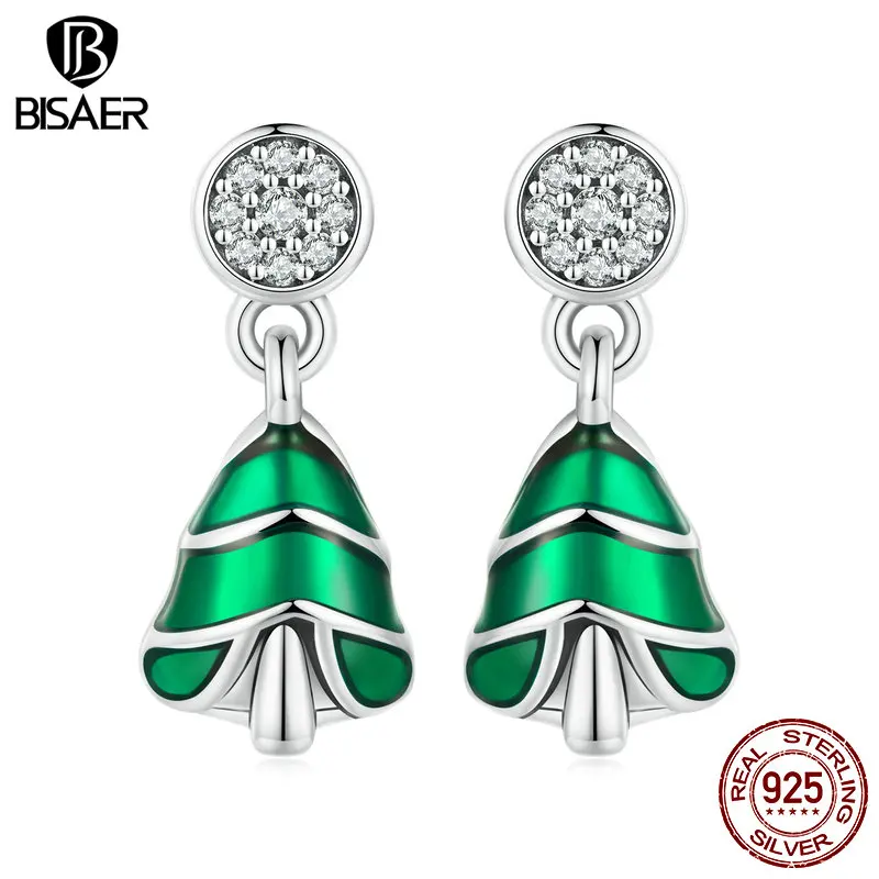 BISAER 100% 925 Sterling Silver Christmas Tree Stud Earrings Zircon Enamel Process For Woman Party Fine Jewelry Gift EFE919