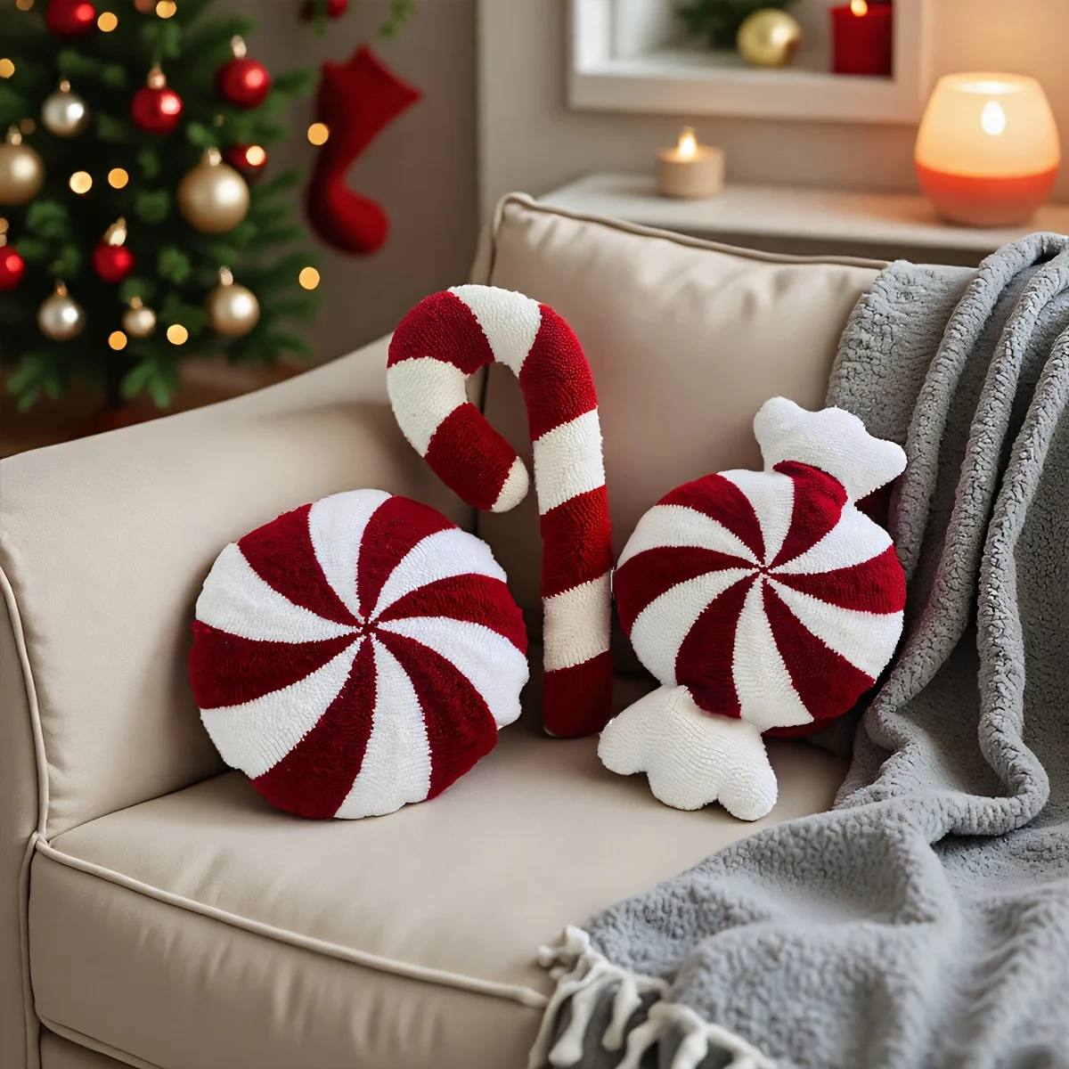1pc Handmade Pillowcase,Embroidered  Pillowcase,Christmas Limited Edition Shaped Candy,Cane,Windmill Cushion Cover