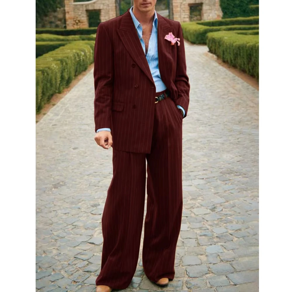2025 Elegant Double Breasted Fashion Mens Striped Suit 2 Pieces Casual Party Prom Suit Korean Work Wear Busniness Customized
