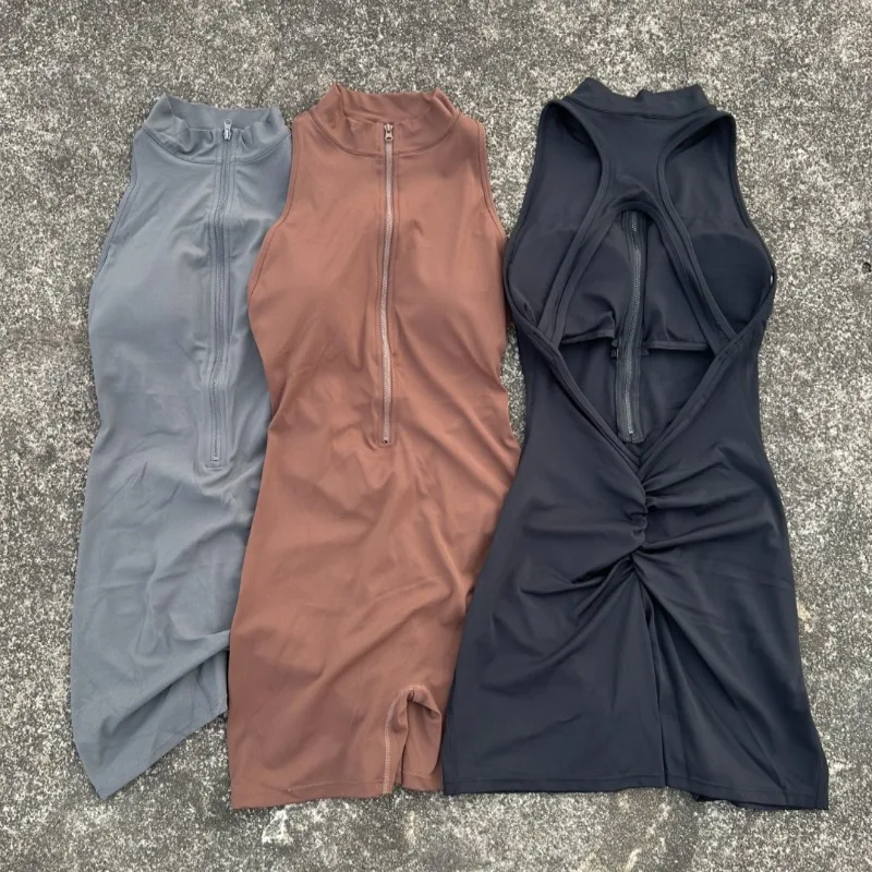 Women Tight Scrunch Back Waist Fold Playsuits Yoga Jumpsuit Short Set Zipper Gym Sportswear Fitness One Piece Sport Suit Workout