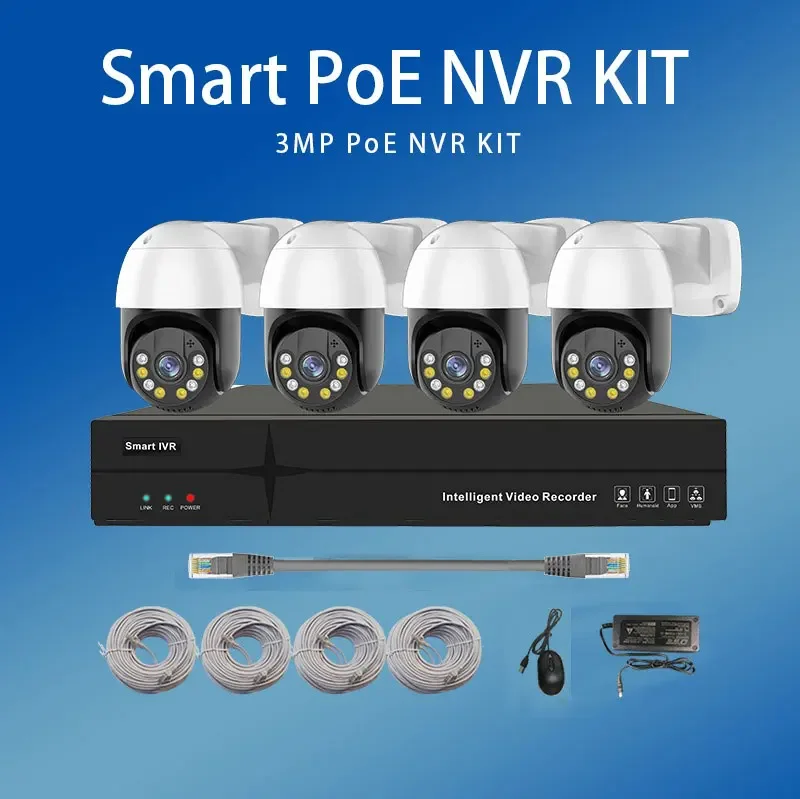 4 Channel 3MP/5MP Dome IP Camera Set With Two-Way Audio Rotating CCTV System, Waterproof 4K POE NVR Kit