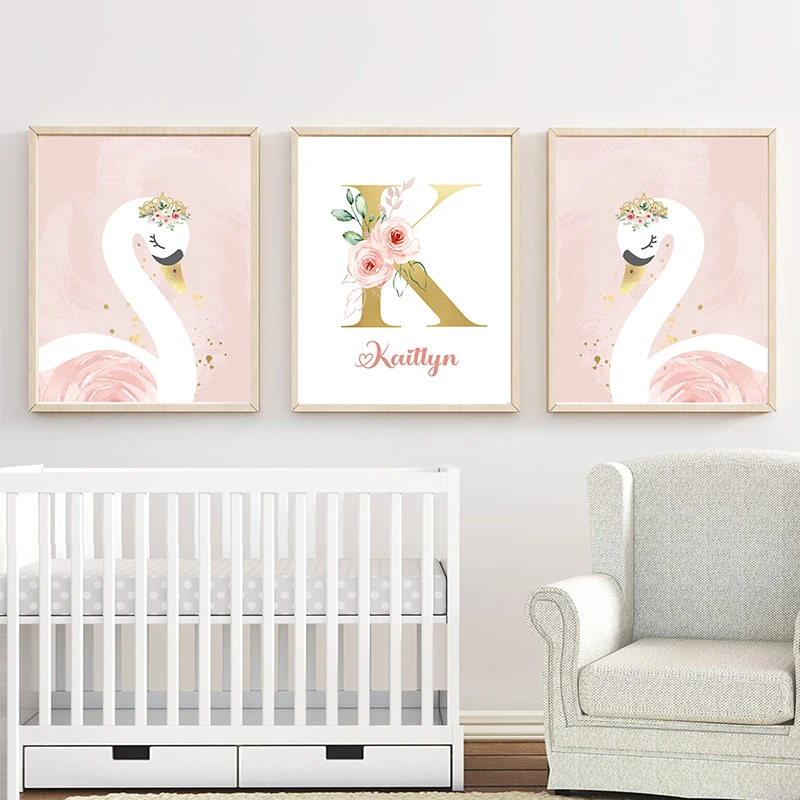 

Pink Crown Swan Golden Customized Baby & Kids Name Posters and Prints Nursery Wall Art Canvas Paintings for Girls Bedroom Decor