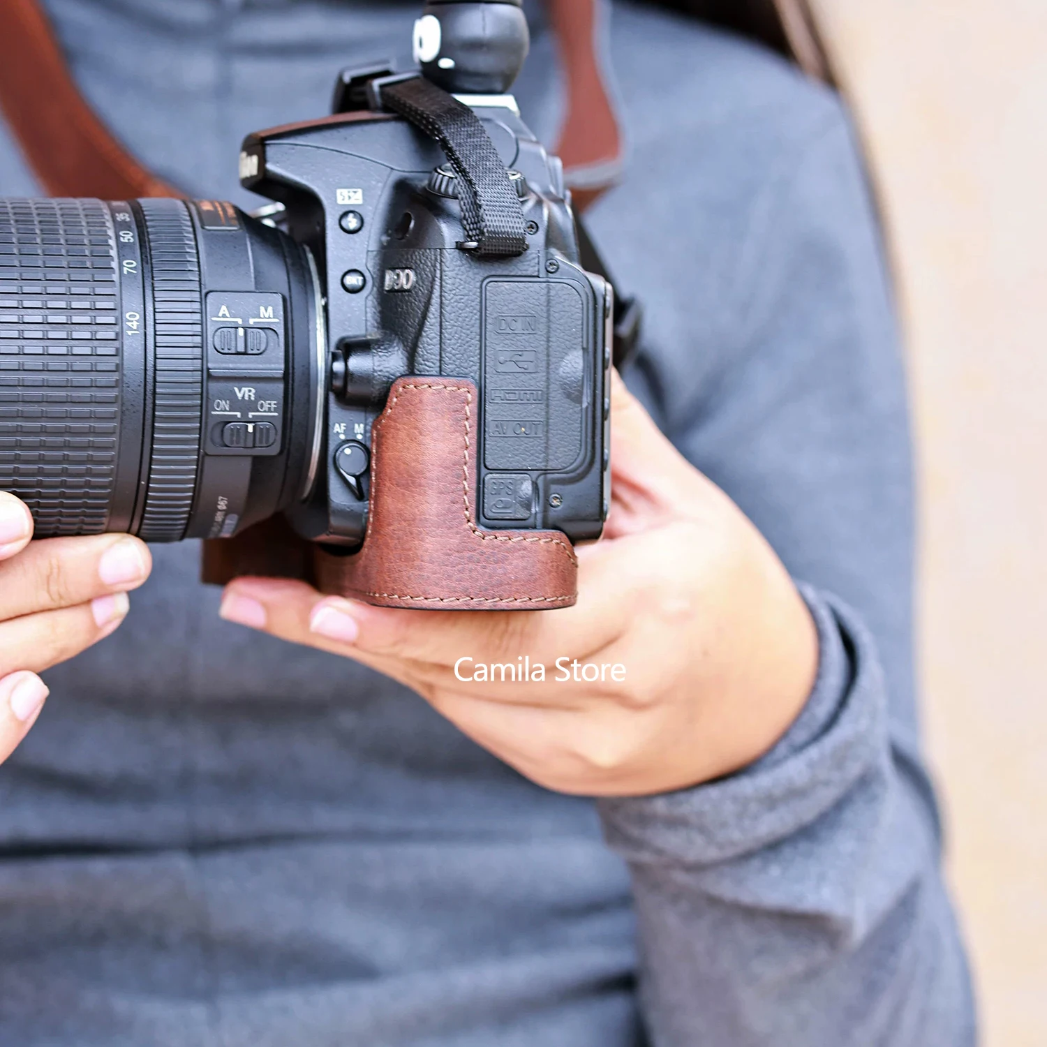 New handwork Photo Camera Genuine leather cowhide Bag Body BOX Case For nikon D90 Protective cover grip base