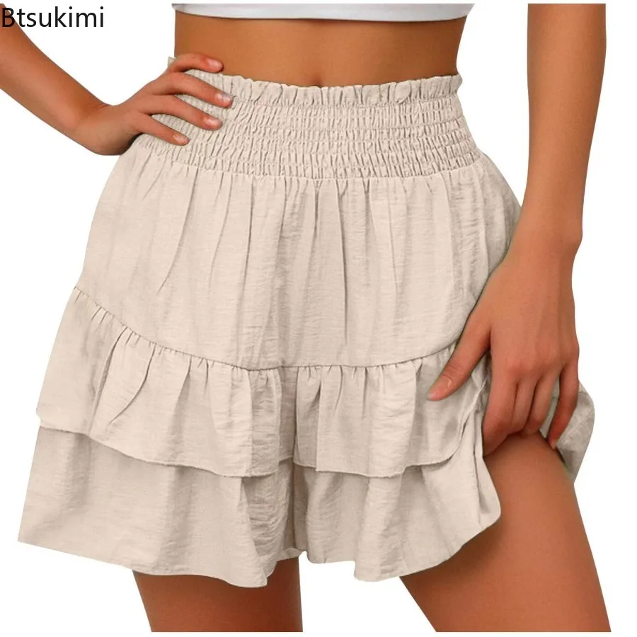 

2024 Women's Solid High Waisted Ruffle Mini Skirt Summer Cute Flowy Casual Wide Leg Shorts Females Beach Shorts Fashion Culottes