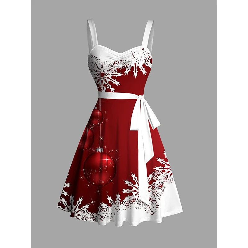 DRESSFO Women's Dress Christmas Sweetheart Neck Snowflake Bell Contrast Print Ruched Bust Tank Belt Festival vestidos