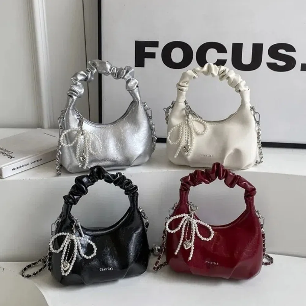 Fashion Pleated Handle Design Underarm Bags Pu Leather Y2K Crossbody Bag Adjustable Strap Pearl Bow Handbag Ladies