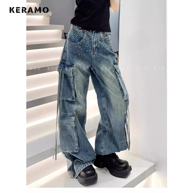 

Minimalist 2000s Lace-up Denim Trouser Women Casual Street Y2K Vintage Pants Grunge Baggy Retro High Waist Pockets Blue Jeans