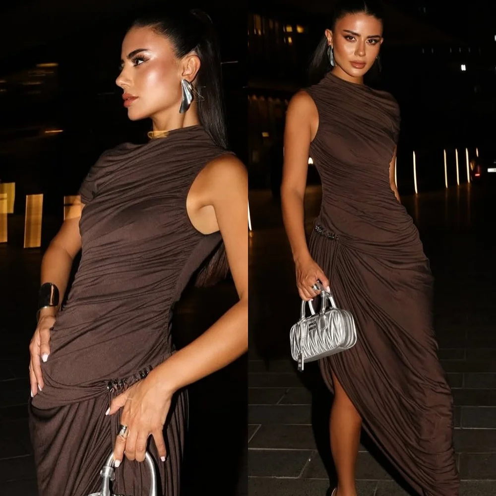 Customized Simple High Neckline Sleeveless Evening Dress High Quality Jersey Prom Dresses Temperament Ruched Party Gowns