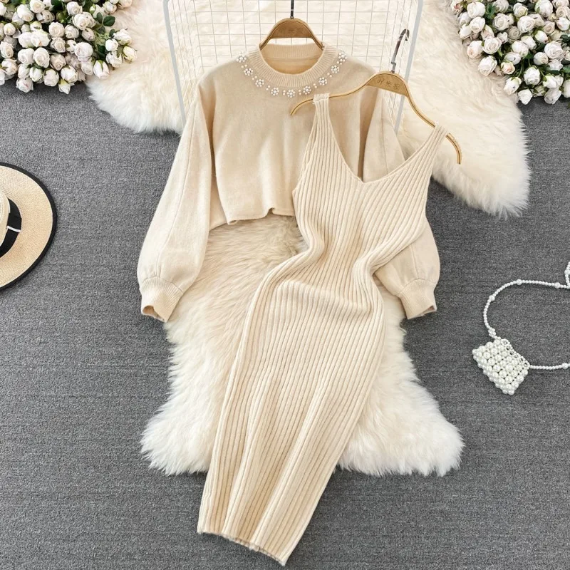 

Set Of Dress Female O Neck Beaded High Waist Short Open Bellybutton Sweater Two Piece Spicy Girls Knitted Tank Top Dress Women