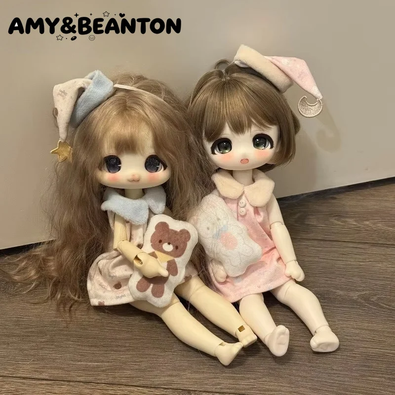 BJD 1/6 Short Chubby Body Doll Clothes Y2k Sweet Pajamas Head Accessory Dress Handheld Prop 3 Pcs Set Dolls Replacement Costume