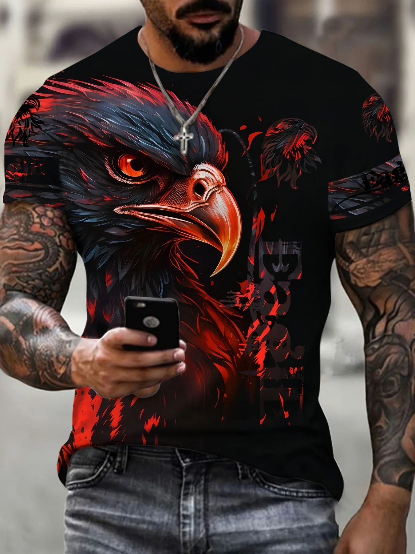 

Men's Eager Print T-shirt, Casual Short Sleeve Crew Neck Tee, Men's Clothing for Outdoor