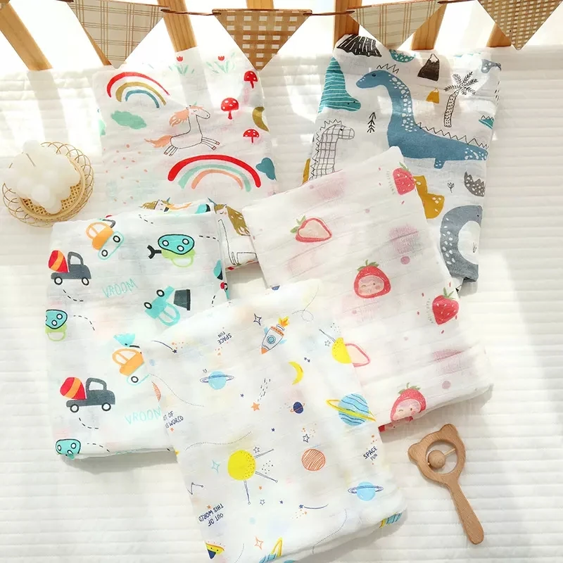 Baby Bath Towel 120x110cm Baby Muslin Swaddle Wrap Cotton Beach Shower Blanket Cute Soft Two Layer Gauze Infant Stroller Cover