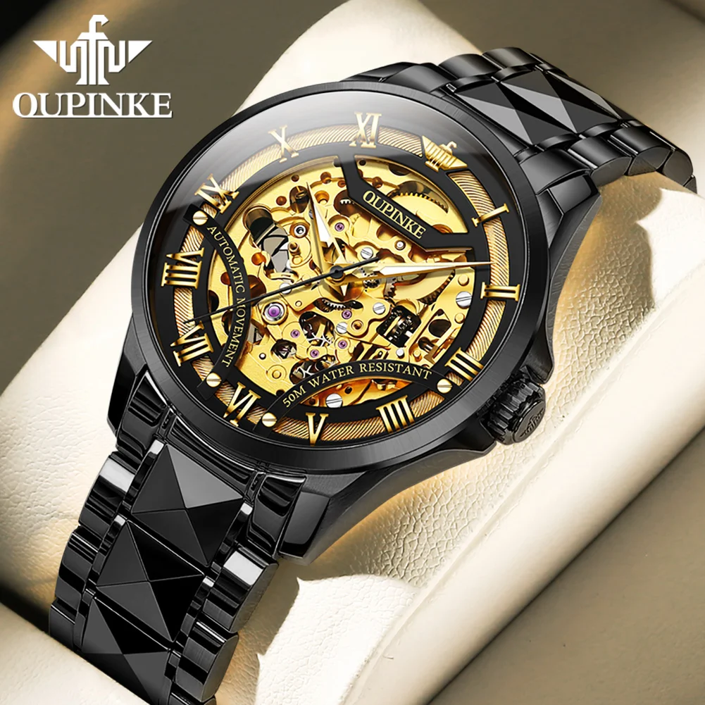 OUPINKE 3210 Men's Wristwatches Skeleton Black Stainless steel 50M Waterproof Roman Scale Automatic Mechanical Watch