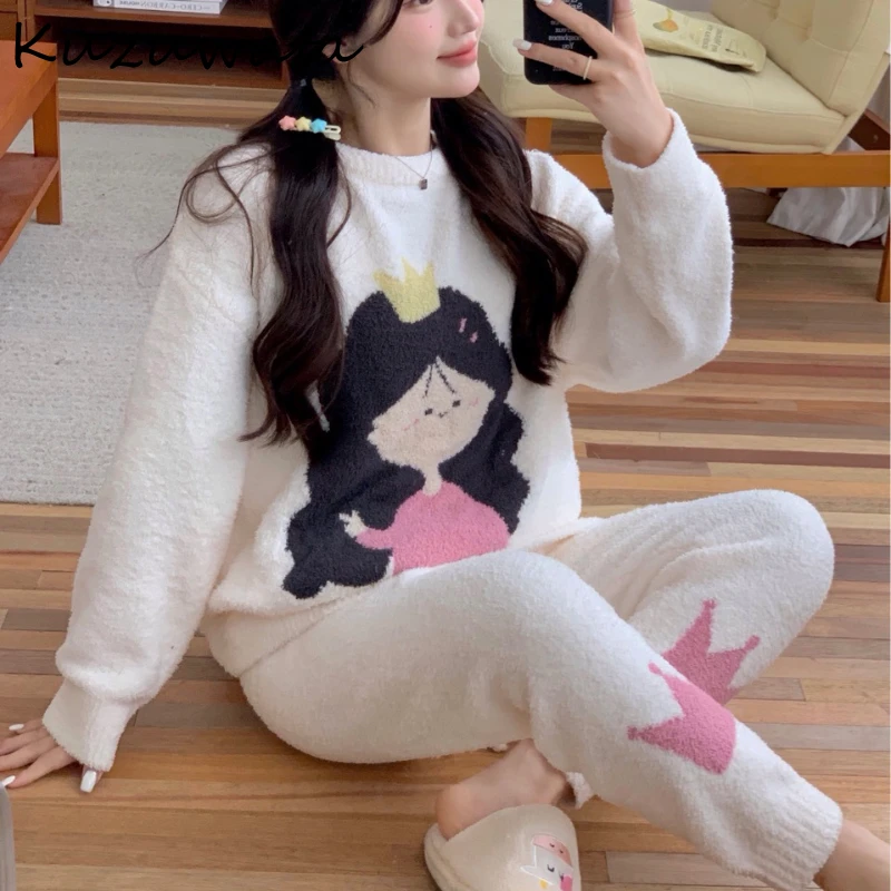 Kuzuwata O Neck Long Sleeve Sweet Cartoon Pajama Print Soft Loose Pants Lovely Homewear Suit Japan Lace Up Casual Cotton Pajamas