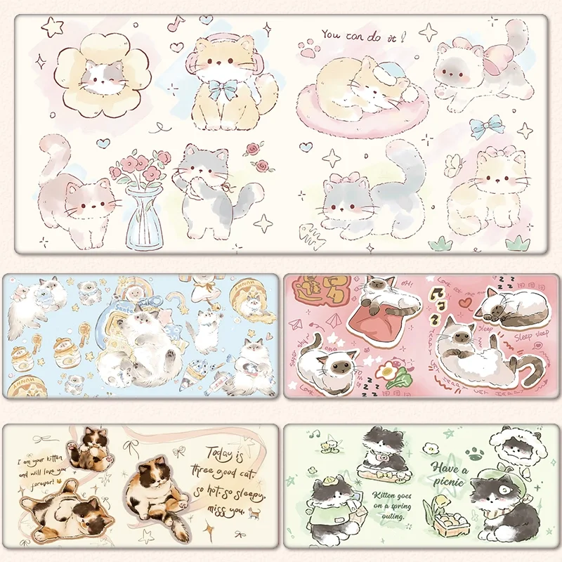 Healing Kawaii Cat Large Mouse Pad - XXL Cute Desk Mat for Office/Home, Adorable Cartoon Keyboard Cover with Non-Slip Base
